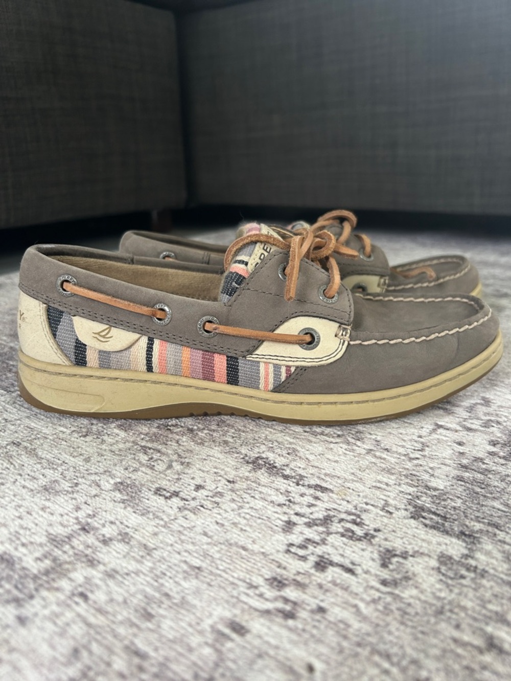 Sperry Taupe Suede Boat Shoes with Multicolor Striped Canvas